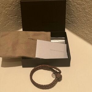 Bottega Venetta Braided Leather Knot Bracelet Brown Two Strand Silver Logo Charm